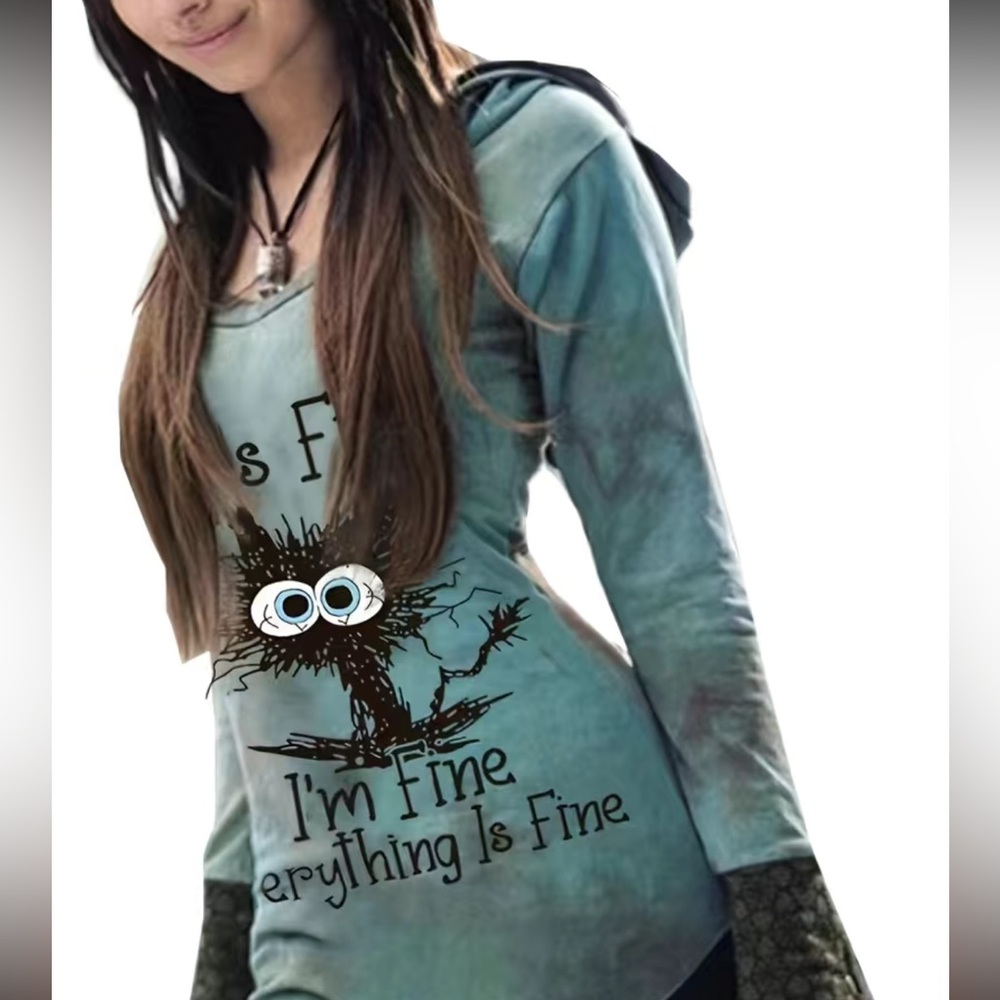 NEW “I’m Fine” Long Sleeve Shirt w Hood. Tunic. Sage w Cat. Medium